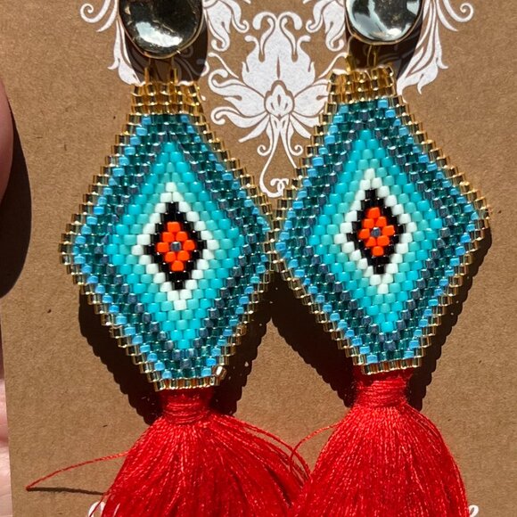 Handmade Beaded Tassel Fringe Dangle Drop Bohemian Post Diamond Earrings  Wow! - Picture 4 of 9